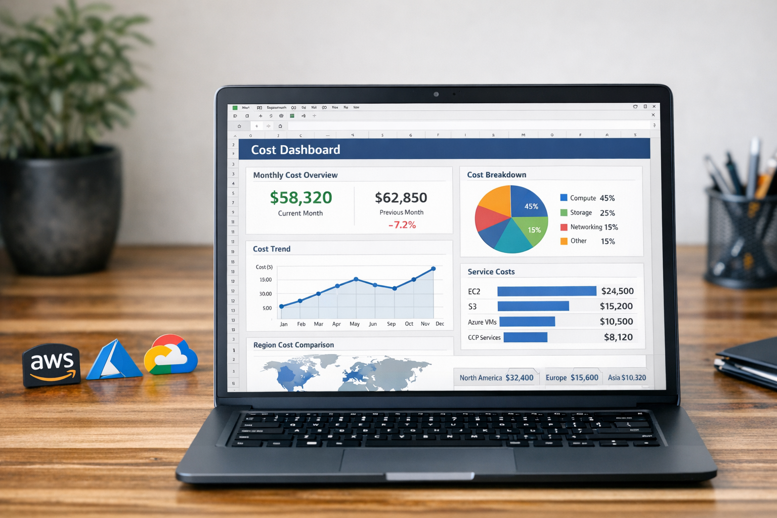 Hoja de cálculo con un dashboard de costes multi‑cloud por proyecto